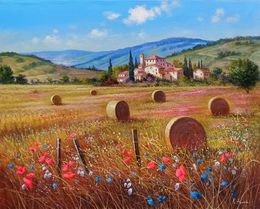Painting, Summer relaxing countryside - Tuscany landscape painting, Raimondo Pacini