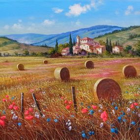 Pintura, Summer relaxing countryside - Tuscany landscape painting, Raimondo Pacini