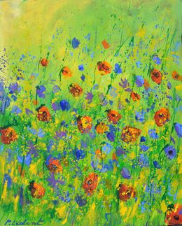 Painting, Red poppies  blue cornflowers, Pol Ledent