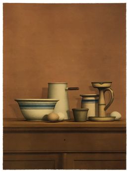 Print, Still Life with Eggs, Candlesticks and Bowls, William Bailey