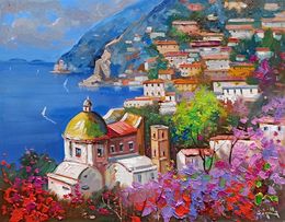 Peinture, Blooming on the coast - Italy Positano painting & frame, Andrea Borella