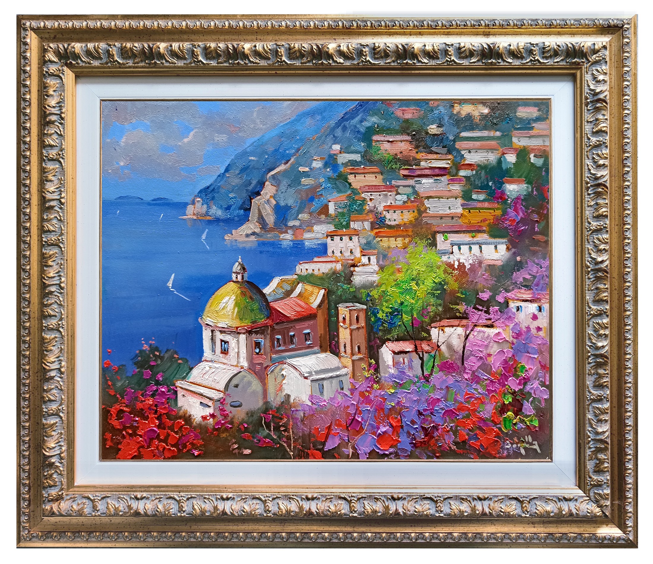 Andrea Borella, Blooming on the coast - Italy Positano painting & frame Andrea Borella, Blooming on the coast - Italy Positano painting & frame
