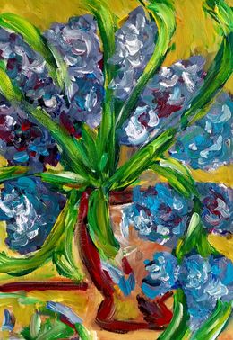 Gemälde, Vibrant blooms of purple irises, Natalya Mougenot