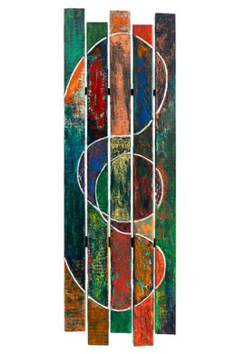 Gemälde, N°1 - Composition graphique, art brut coloré sur palette bois, Alain Ciavaldini