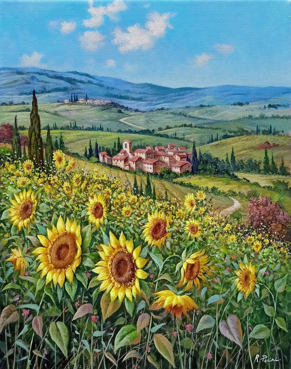 Raimondo Pacini, The sunflowers valley - Tuscany landscape painting, Painting on canvas
