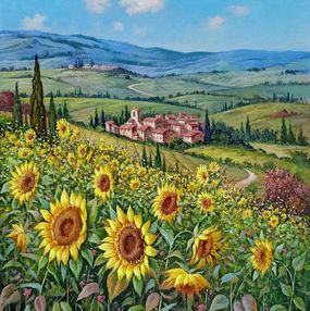 Painting, The sunflowers valley - Tuscany landscape painting, Raimondo Pacini