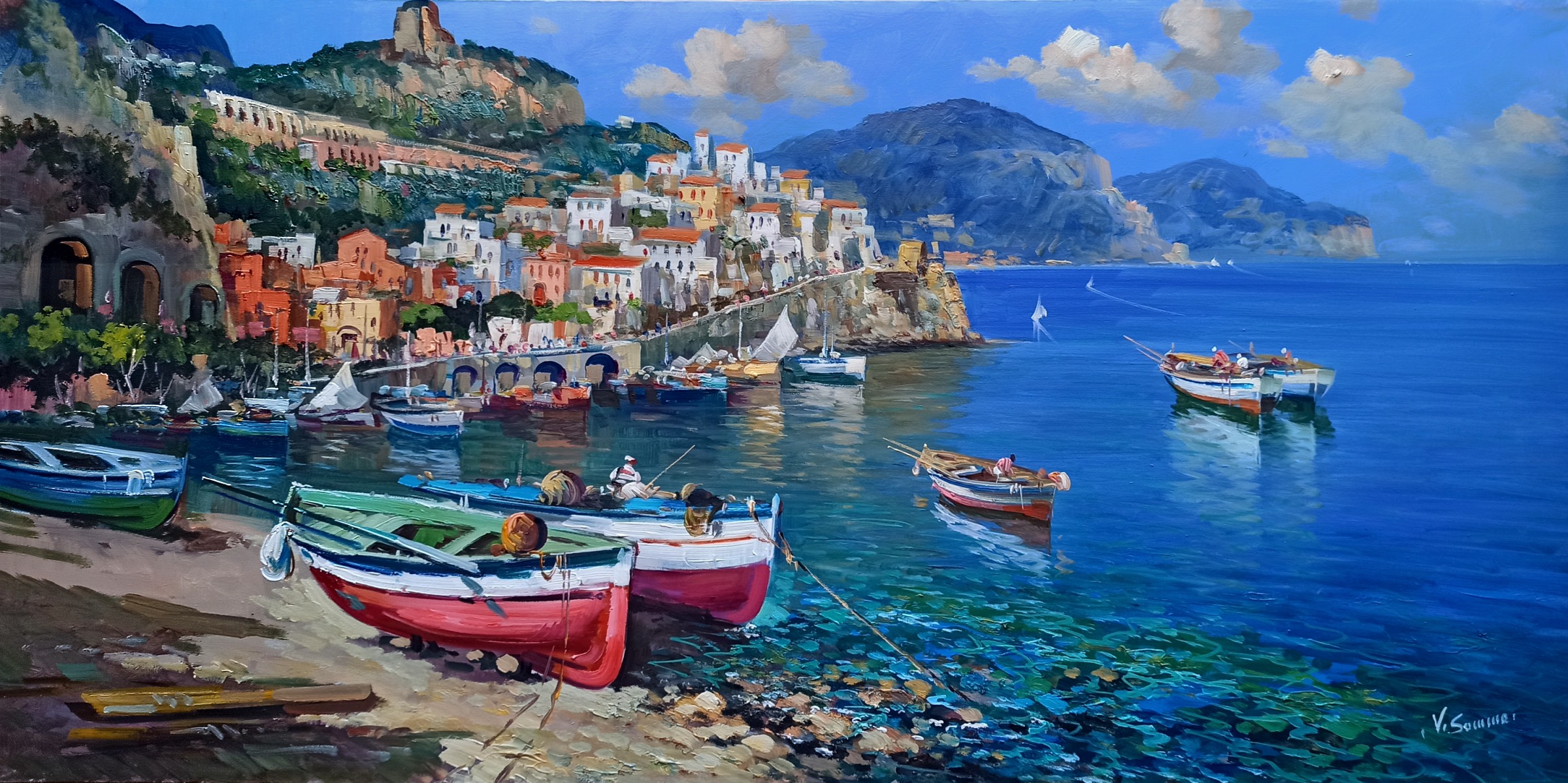 Vincenzo Somma, Boats on the beach large version- Amalfi painting Vincenzo Somma, Boats on the beach large version- Amalfi painting