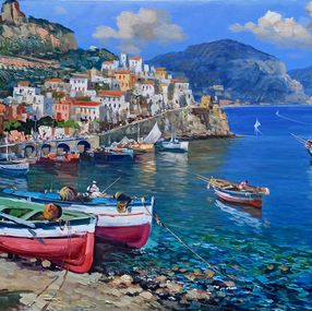 Pintura, Boats on the beach large version- Amalfi painting, Vincenzo Somma
