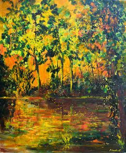 Painting, Sunset on a pond, Pol Ledent