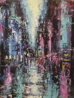 Painting, City in Pink Green and Blue, David Tycho