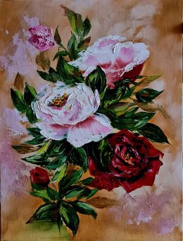 Painting, White roses are tenderness.Red roses-love"floral still life, Lilya Volskaya