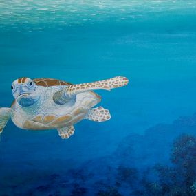 Pintura, Tortue au large du récif - série Animaux marins des Caraïbes, Patrick Chevailler