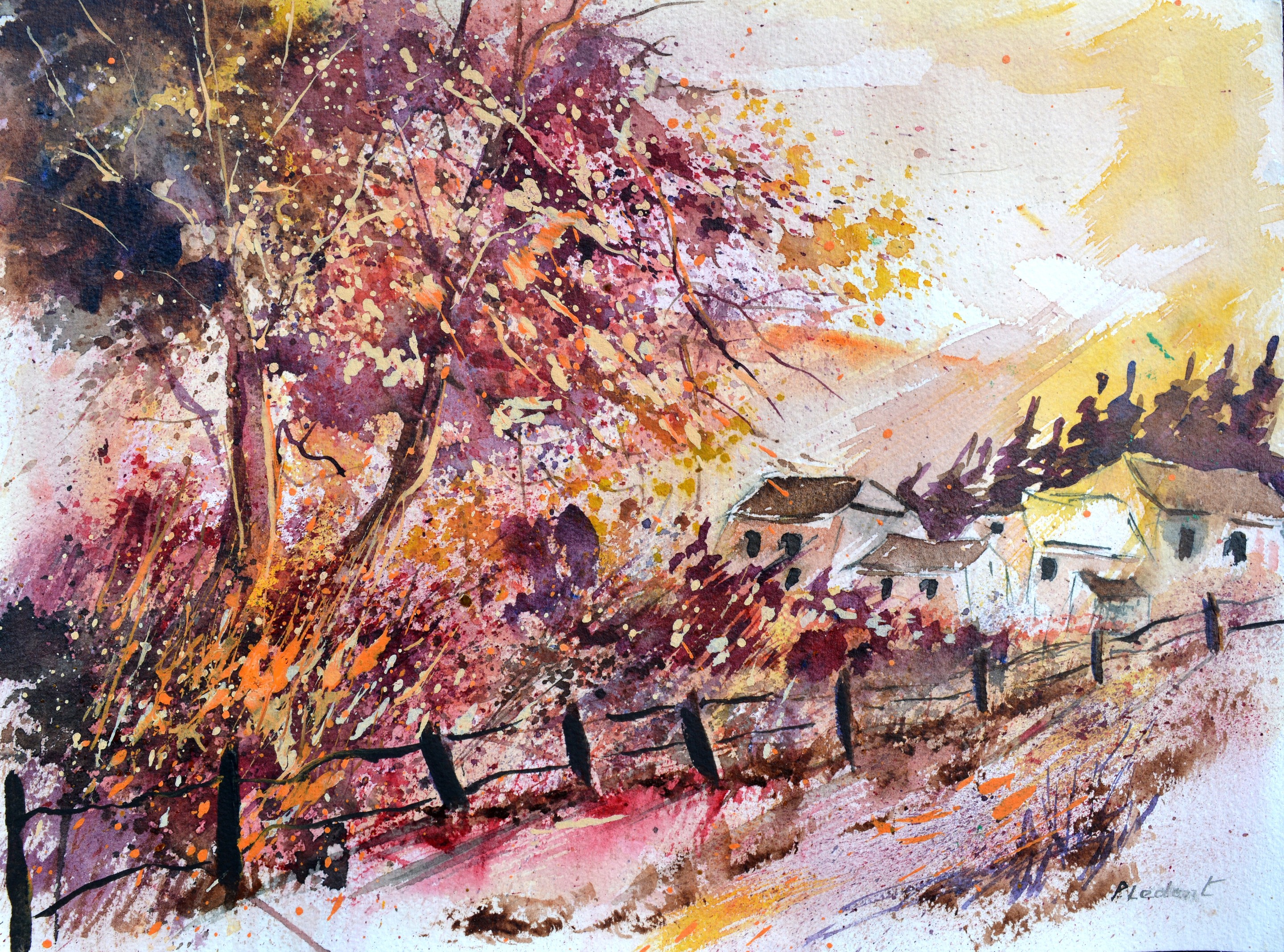 Pol Ledent, Autumn landscape - watercolor Pol Ledent, Autumn landscape - watercolor