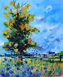 Painting, Oak and blue cornflowers, Pol Ledent