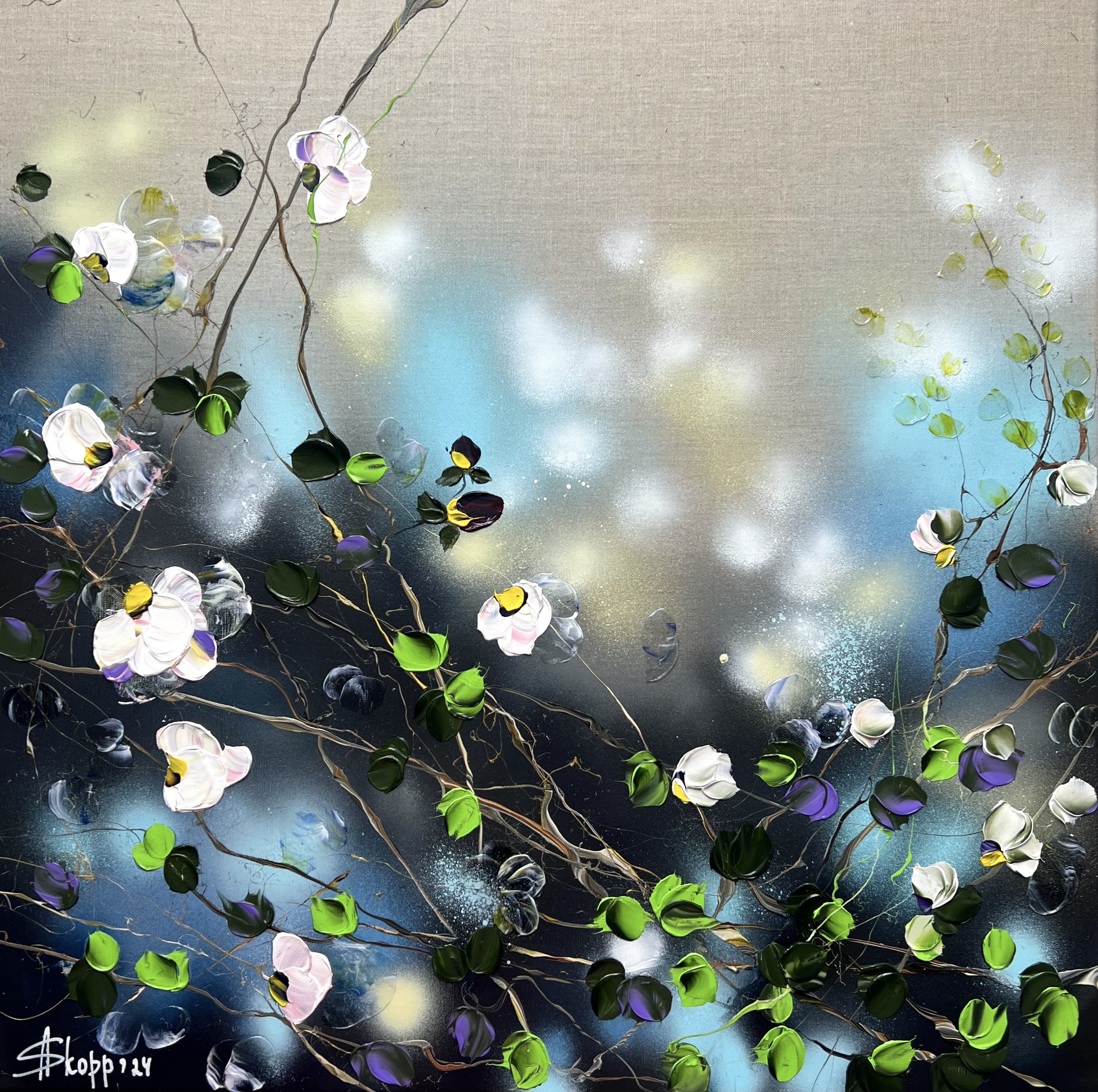 Anastassia Skopp, White Flowers II - colorful floral painting on linen Anastassia Skopp, White Flowers II - colorful floral painting on linen