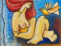 Pintura, Au repos à l'oiseau - série Portrait de femme, Michel Philippon