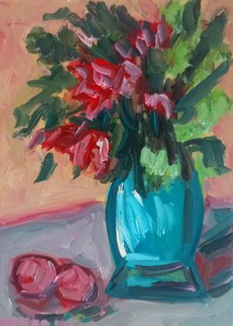 Gemälde, Summer red apples and red flowers, Natalya Mougenot