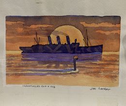 Fine Art Drawings, Camouflaged Ship + Sub, Joe Lasker