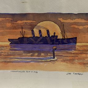 Fine Art Drawings, Camouflaged Ship + Sub, Joe Lasker