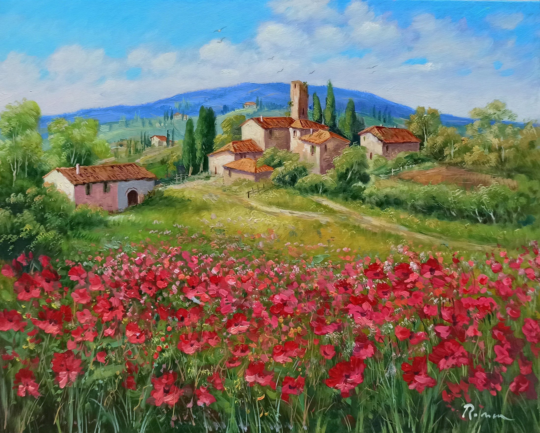 Domenico Ronca, Village with red poppies - Tuscany painting landscape Domenico Ronca, Village with red poppies - Tuscany painting landscape