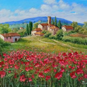 Pintura, Village with red poppies - Tuscany painting landscape, Domenico Ronca