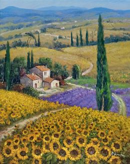 Gemälde, The flowey path - Tuscany painting landscape, Domenico Ronca