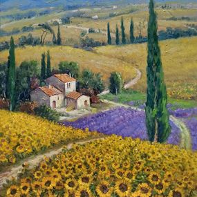 Gemälde, The flowey path - Tuscany painting landscape, Domenico Ronca