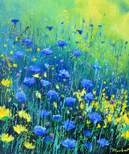 Painting, Blue and yellow field flowers, Pol Ledent