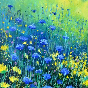 Pintura, Blue and yellow field flowers, Pol Ledent