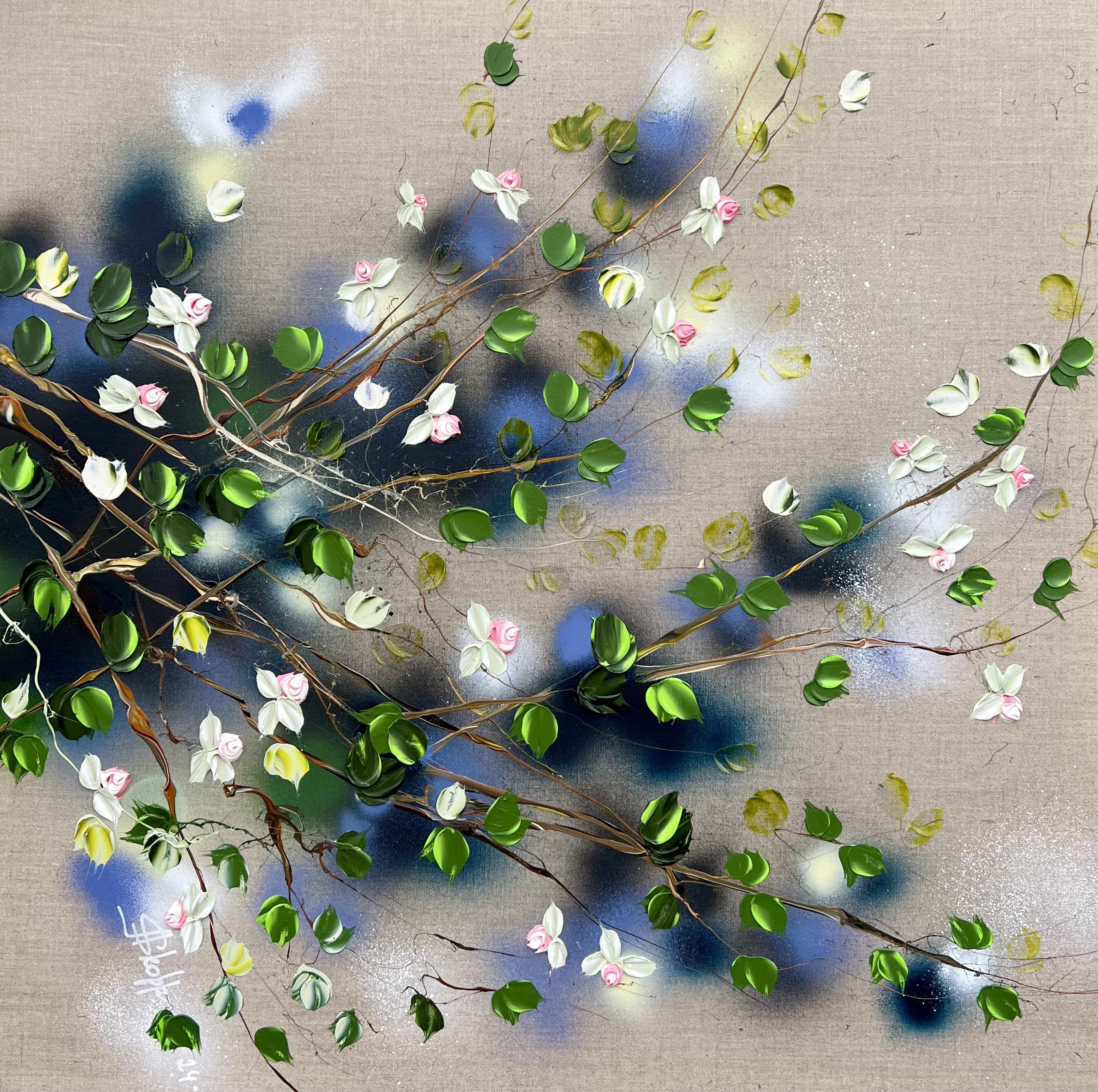 Anastassia Skopp, Whispers of Morning Roses - colorful floral painting on linen Anastassia Skopp, Whispers of Morning Roses - colorful floral painting on linen