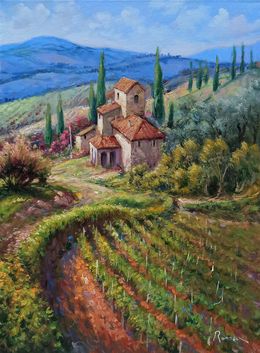 Pintura, Down the vineyard - Tuscany painting landscape, Domenico Ronca