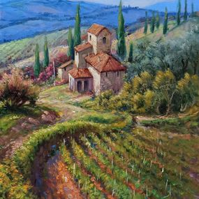 Peinture, Down the vineyard - Tuscany painting landscape, Domenico Ronca