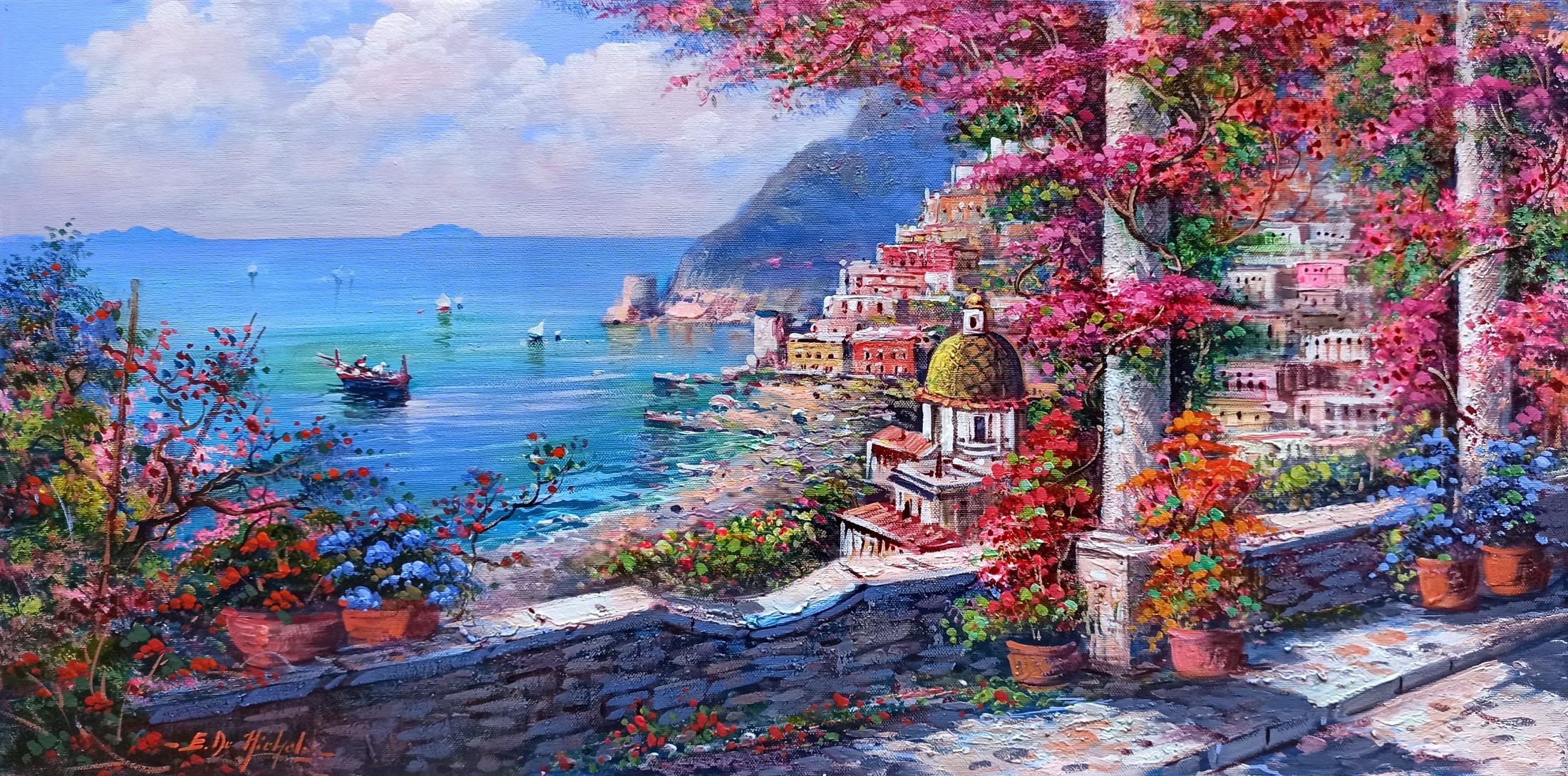 Ernesto De Michele, Full of colours view - Positano Italy painting Ernesto De Michele, Full of colours view - Positano Italy painting