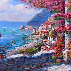 Peinture, Full of colours view - Positano Italy painting, Ernesto De Michele