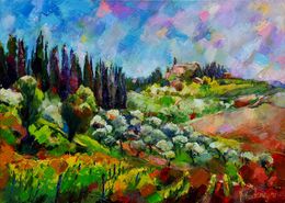 Painting, Tuscan landscape with grapevines and olive trees, Miriam Montenegro