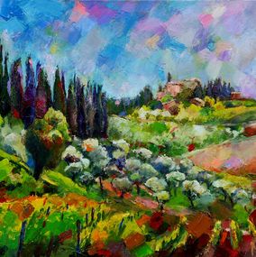 Peinture, Tuscan landscape with grapevines and olive trees, Miriam Montenegro