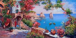 Painting, Flowery window on sea stacks - Capri Italy painting, Ernesto De Michele