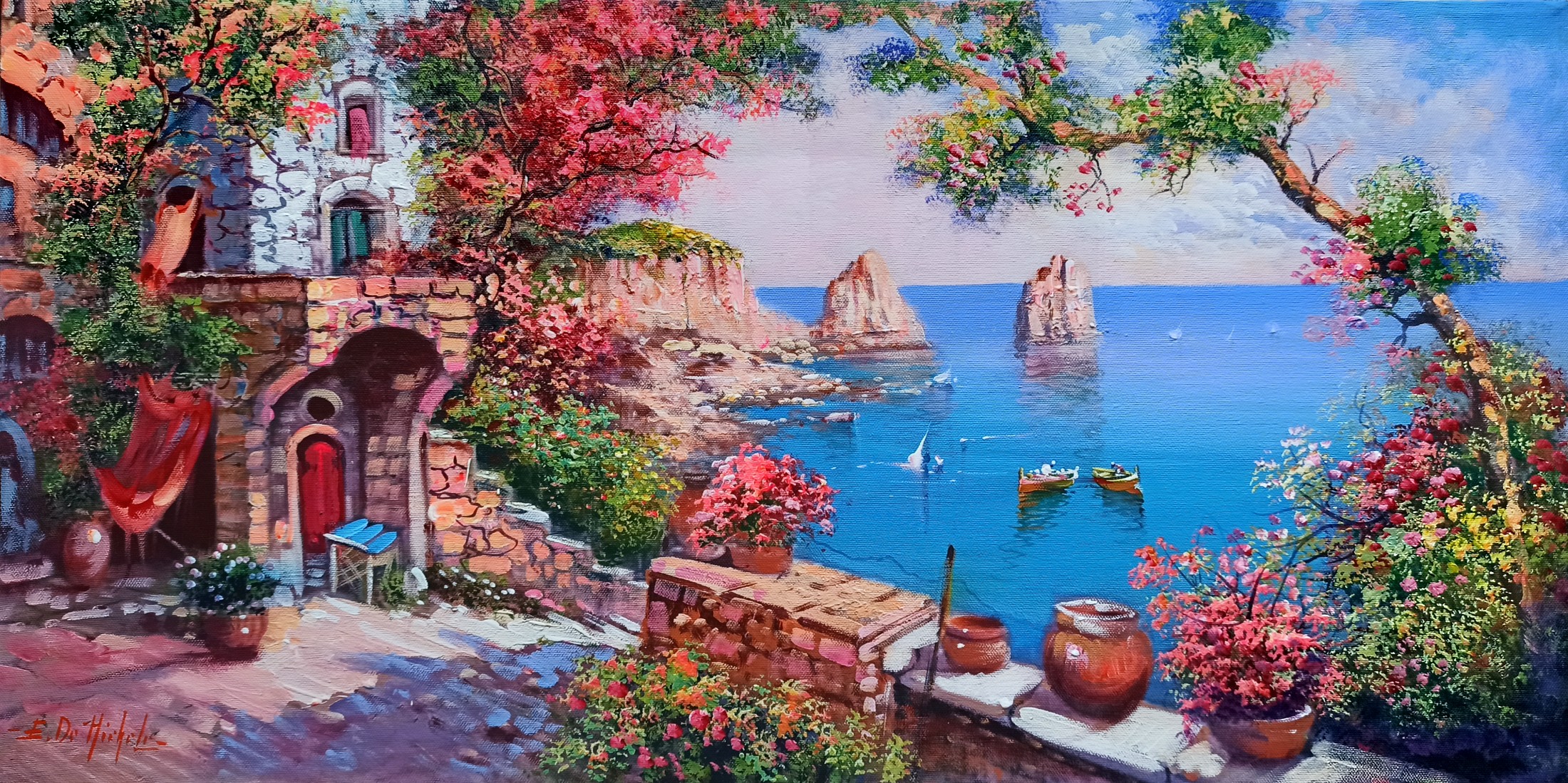 Ernesto De Michele, Flowery window on sea stacks - Capri Italy painting Ernesto De Michele, Flowery window on sea stacks - Capri Italy painting