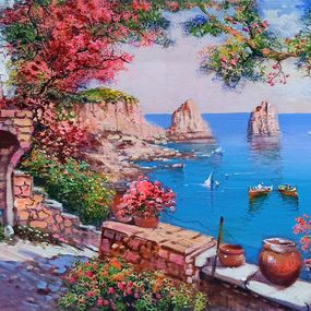 Painting, Flowery window on sea stacks - Capri Italy painting, Ernesto De Michele