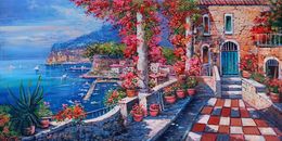 Gemälde, Flowery terrace on the gulf - Sorrento Italy painting, Ernesto De Michele