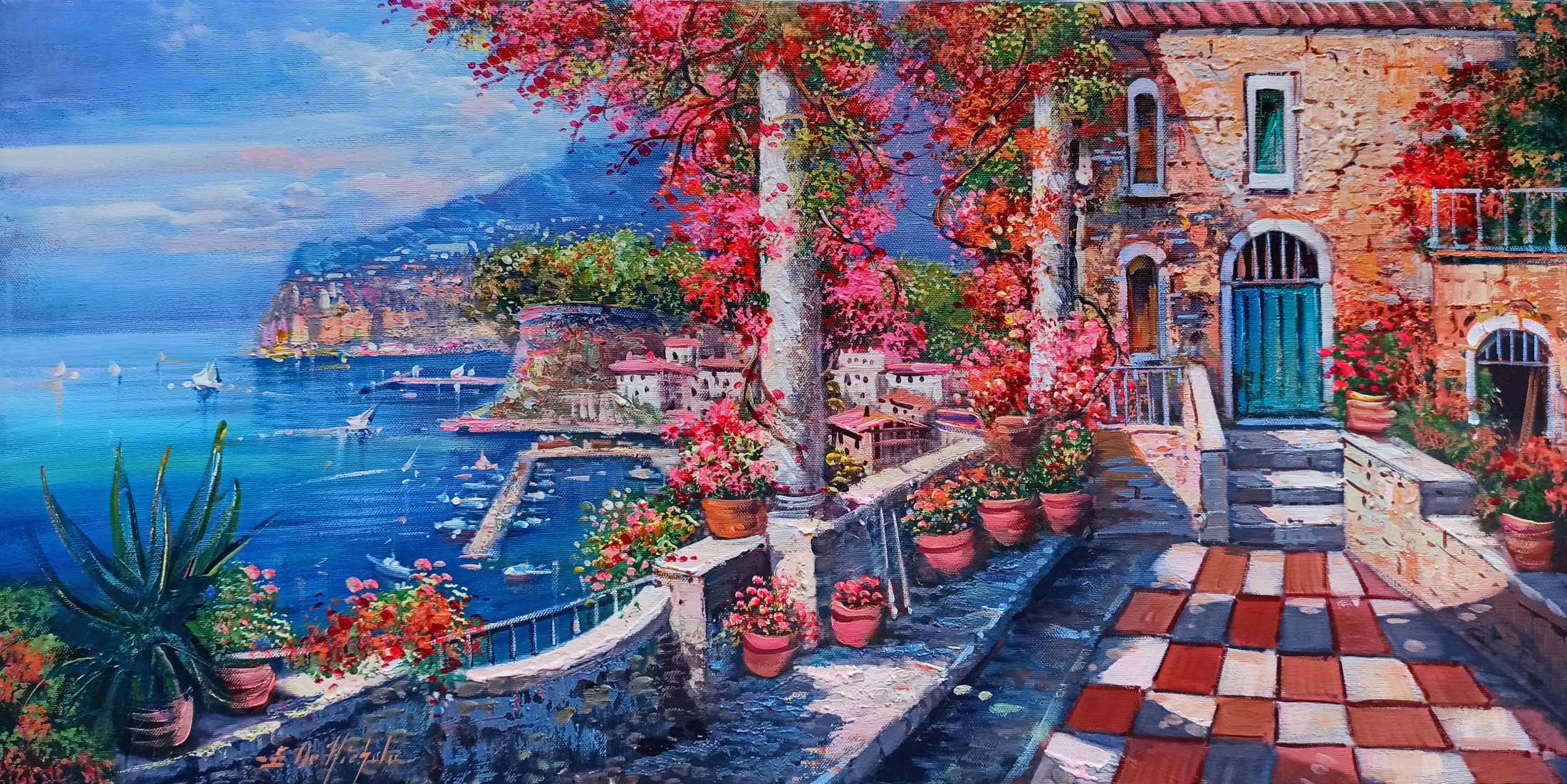 Ernesto De Michele, Flowery terrace on the gulf - Sorrento Italy painting Ernesto De Michele, Flowery terrace on the gulf - Sorrento Italy painting