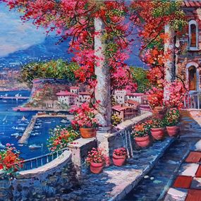 Painting, Flowery terrace on the gulf - Sorrento Italy painting, Ernesto De Michele