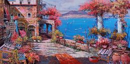 Painting, Vesuvius in the distance, pink bloom - Southern Italy painting, Ernesto De Michele