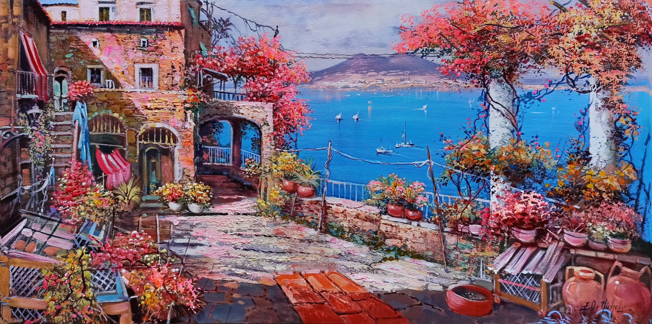Ernesto De Michele, Vesuvius in the distance, pink bloom - Southern Italy painting Ernesto De Michele, Vesuvius in the distance, pink bloom - Southern Italy painting