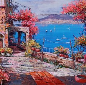 Painting, Vesuvius in the distance, pink bloom - Southern Italy painting, Ernesto De Michele