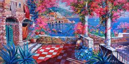 Pintura, Flowering on the coast - Amalfi Italy painting, Ernesto De Michele