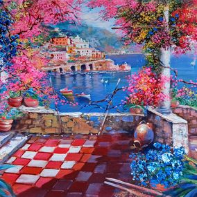 Painting, Flowering on the coast - Amalfi Italy painting, Ernesto De Michele