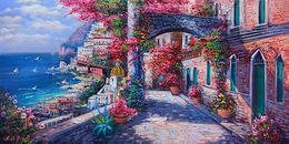 Gemälde, Blooming in the alleyway - Positano Italy painting, Ernesto De Michele