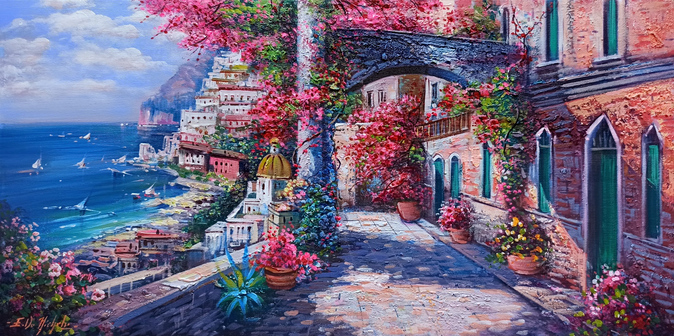 Ernesto De Michele, Blooming in the alleyway - Positano Italy painting Ernesto De Michele, Blooming in the alleyway - Positano Italy painting