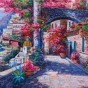 Painting, Blooming in the alleyway - Positano Italy painting, Ernesto De Michele